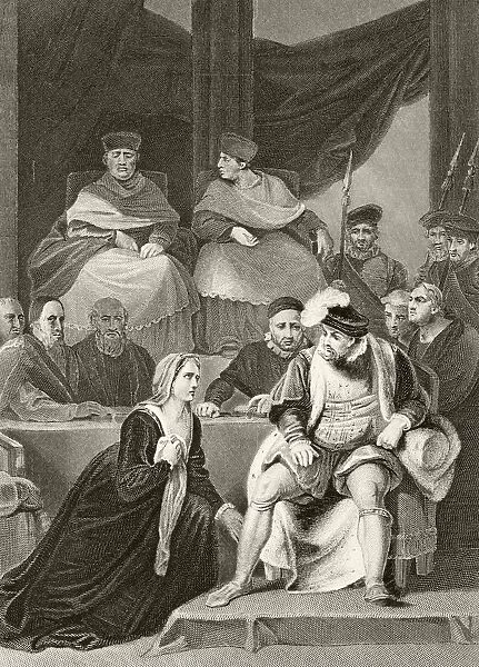 Catherine Of Aragon Kneeling Before Her Husband King Henry Viii Of England At The Trial Of Their Marriage From The National And Domestic History Of England By William Aubrey Published London Circa 1890