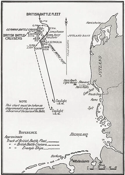 Chart Showing The Course Of The British Fleet In The Battle Of Jutland Bank During World War I. From The Year 1916 Illustrated