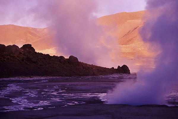 Chile, Late Afternoon Lighting; Atacama Desert, Steam rising from soil, El Tatio Geysers