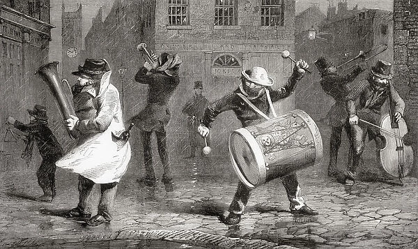 Christmas Eve serenade by 19th century street entertainers. From L'Univers Illustre, published Paris, 1859