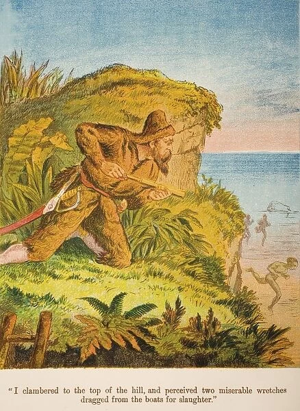Chromolithographic Illustration From Life And Adventures Of Robinson Crusoe By Daniel Defoe From A Softback Edition Published Circa 1860S