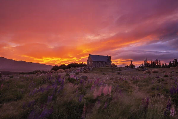 Church of the Good Shepherd at Lake Tekpao at sunrise, Canterbury Region, New Zealand