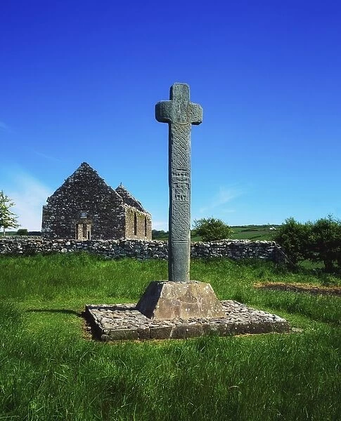 Cloncra Church, Inishowen Peninsula, County Donegal, Ireland; High Cross With Church Ruins