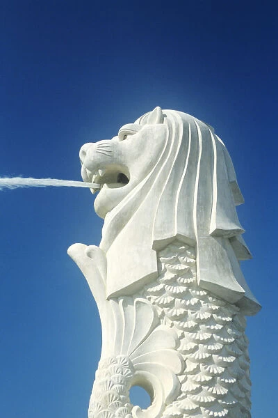 Close up of famous Merlion Fountain; Singapore