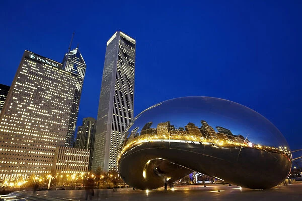 Cloud Gate (The Bean) Sculpture In Front Of Skyscrapers At Night, Chicago, Illinois, Usa