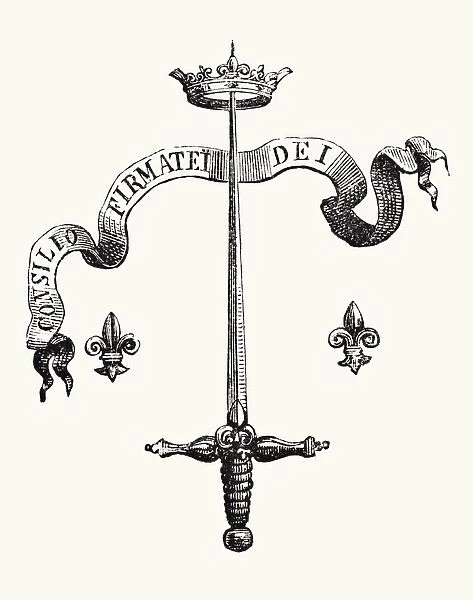 Coat Of Arms Of The Family Of Joan Of Arc, Alias Du Lye. The Blade Of A Silver Sword, The Point Supporting A Golden Crown, And Flanked With Two Fleurs-De-Lis, With The Motto Consilio Firmatei Dei. This Coat Of Arms Was Composed By Charles Vii In 1429. From Science And Literature In The Middle Ages By Paul Lacroix Published London 1878