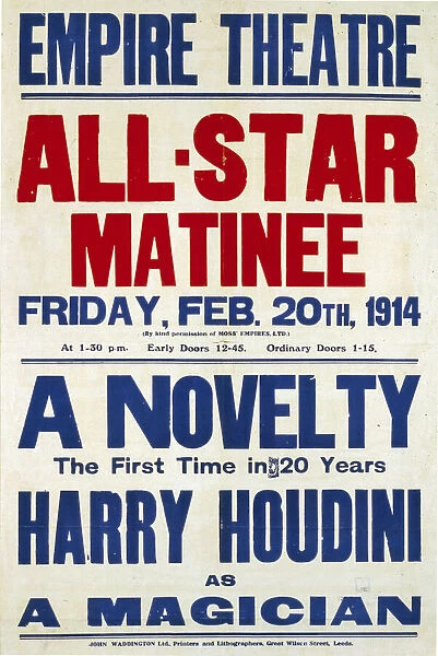 Colour lithograph poster format advertising Harry Houdini, magician, illusionist and stunt performer