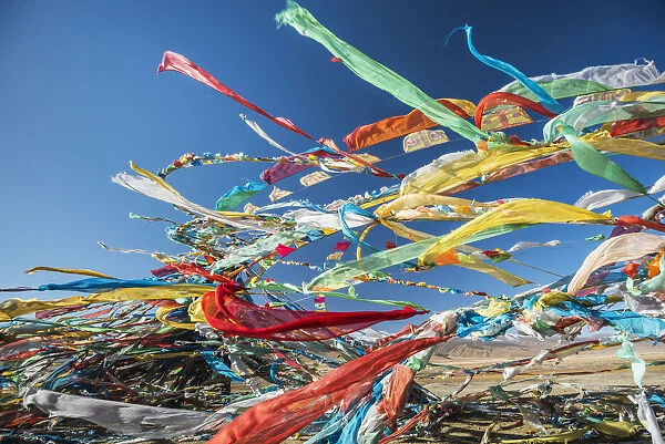 Colourful Tibetan Prayer Flags (Lung Ta) Under The Strong Wind With White Mountain Tops In The Background; Qinghai Province, Tibet