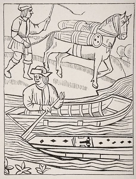 Conveyance Of Fish By Water And Land. 19Th Century Copy Of Engraving In The Royal Statutes Of The Provostship Of Merchants 1528