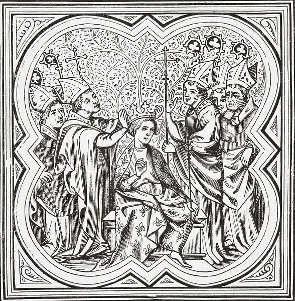 Coronation Of Charlemagne, Carolus Magnus Or Karolus Magnus, Charles The Great, 742 - 814, King Of The Franks. After A Miniature From The 14Th Century Manuscript Chroniques De St. Denis. From Science And Literature In The Middle Ages By Paul Lacroix Published London 1878