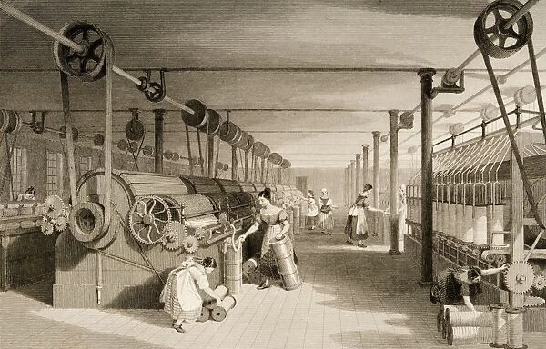 Cotton Factory Floor In 1830S Showing Workers Carding, Drawing And Roving. Drawn By T. Allom. Engraved By J. Tingle
