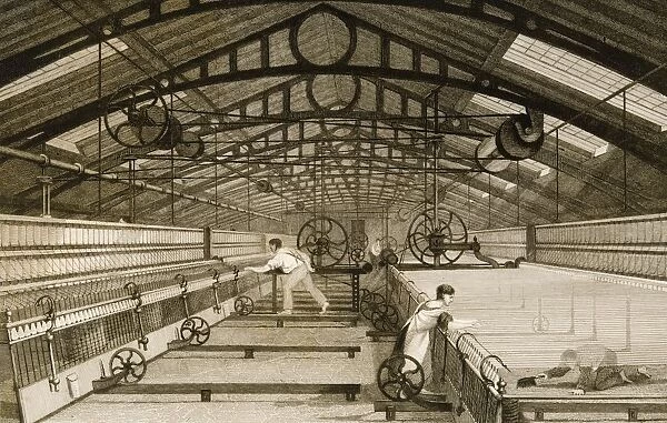 Cotton Factory Floor In 1830S Showing Workers Mule Spinning. Drawn By T. Allom. Engraved By J. Tingle