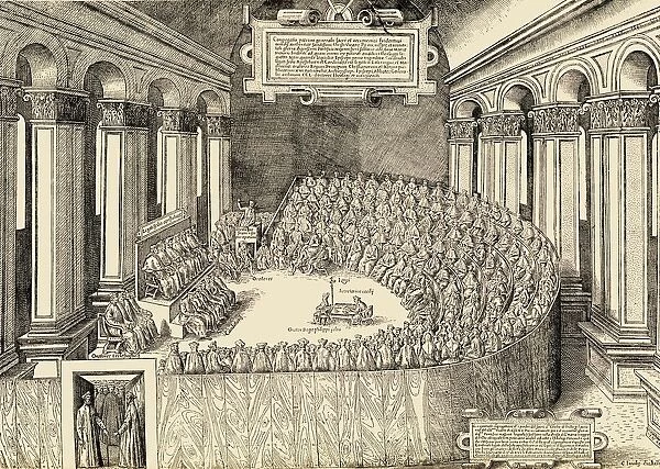 The Council Of Trent, 1563. The Nineteenth Ecumenical Council Opened At Trent On 13 December, 1545, And Closed There On 4 December, 1563. Its Main Object Was The Definitive Determination Of The Doctrines Of The Church In Answer To The Heresies Of The Protestants. From An Etching Published In Venice 1565