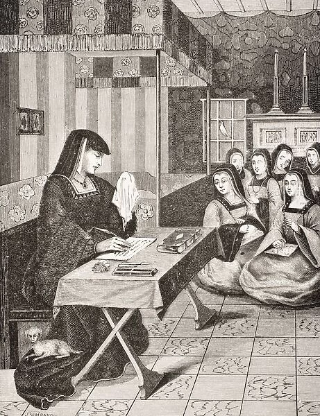 Court Of The Ladies Of Queen Anne Of Brittany 1477 To 1514. 19Th Century Reproduction Of 16Th Century Miniature From Epistres Envoyees Au Roi. Queen Weeping Because Husband Absent During Italian War