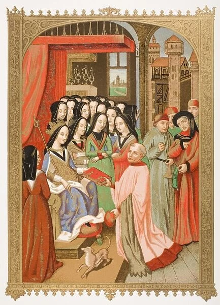 The Court Of Mary Of Anjou 1404 To 1463 Wife Of Charles Vii. Her Chaplain Robert Blondel Presents Her With The Allegorical Treatise Of The Twelve Perils Of Hell Which He Composed For Her In 1455. Facsimile Of Minature From Twelve Perils Of Hell