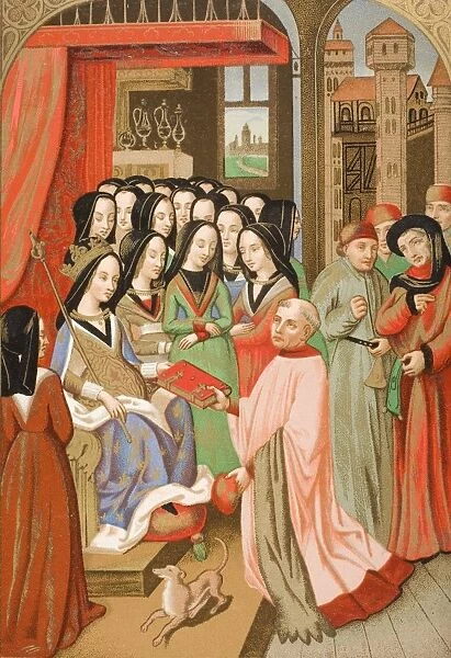 The Court Of Mary Of Anjou 1404 To 1463 Wife Of Charles Vii. Her Chaplain Robert Blondel Presents Her With The Allegorical Treatise Of The Twelve Perils Of Hell Which He Composed For Her In 1455. Facsimile Of Minature From Twelve Perils Of Hell