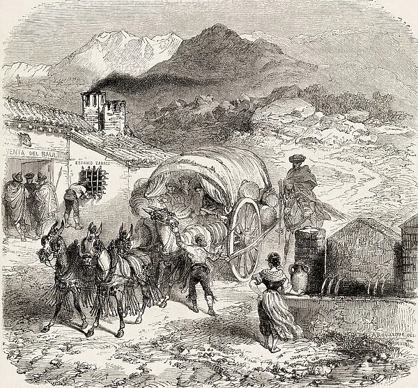 A Covered Wagon Drawn By Mules Arriving At A Roadside Inn In Sierra Nevada, Granada, Spain, From A 19Th Century Print. From El Mundo En La Mano, Published 1878