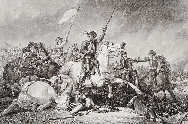 Cromwell At The Battle Of Marston Moor. Leading A Charge After Being Wounded In His Right Arm. Engraved By J. J. Crew After Abraham Cooper. From The Book 'Illustrations Of English And Scottish History'Volume 1