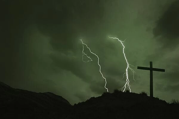 Cross With Lightening In Background