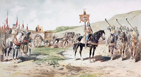 Crusaders On The March In The 11Th Century With A Horse Drawn Supply Wagon. After A Watercolour By A. Heins. From Cortege Historique Des Moyens De Transport. Published Brussels, 1886