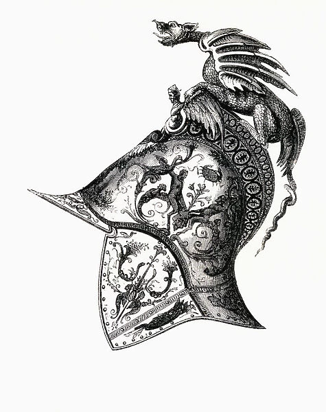 Damascened Helmet Of King Francis I Of France By Filippo Negrolo Of Milan. 16Th Century. From Handbook Of The Arts Of The Middle Ages And Renaissance, Published London 1855