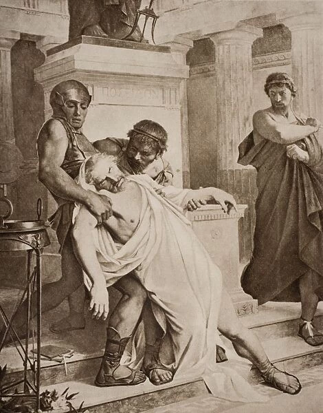 The Death Of Demosthenes, 384-322 B. C. From A Picture By Bramtott From The Book The Outline Of History By H. G. Wells Volume 1, Published 1920
