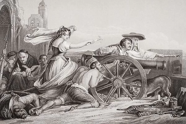 The Defence Of Saragossa 1808-9. Augustina The Maid Of Saragossa, 1789-1858 Serving In The Batteries. Engraved By W. M. Lizars After Sir David Wilkie. From The Book 'Illustrations Of English And Scottish History'Volume Ii