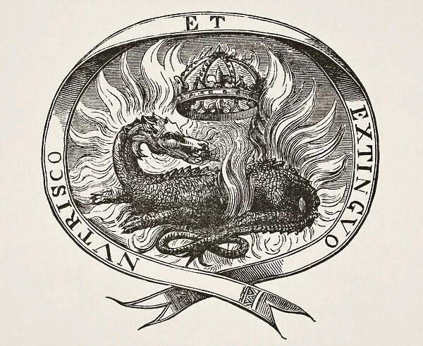 Device Of Francois I, King Of France, 1515-1547. A Salamander Amidst The Flames, With Motto, Nutrisco Et Extinguo, I Feed On It And Extinguish It. It Was The Popular Belief That Salamanders Lived In Fire And Could Extinguish It. From Science And Literature In The Middle Ages By Paul Lacroix Published London 1878