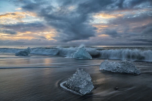 Diamond Beach, Along The South Coast Of Iceland And Is An Area Where Ice Chunks From Jokulsarlon Are Deposited On The Beach After Each High Tide; Iceland