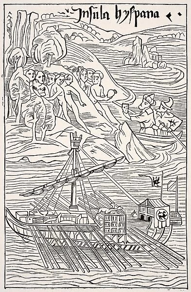 Discovery Of Santo Domingo, Insula Hyspana, By Christopher Columbus. After A Sketch Which Is Attributed To Him, And In Which He Is Himself Made To Appear. Facsimile Of A Wood Engraving Of The Epistola Christoferi Colom. From Science And Literature In The Middle Ages By Paul Lacroix Published London 1878