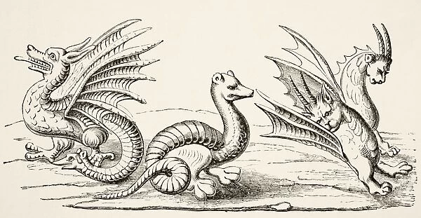 Dragons. After Miniatures In 14Th Century Book Of The Marvels Of The World From Science And Literature In The Middle Ages By Paul Lacroix Published London 1878
