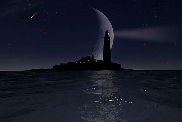 Dramatic moon behind St Marys Lighthouse illuminated at night on Whitley Bay, England