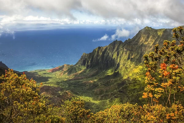 Dramatic mountainous terrain and colourful foliage on a Hawaiian island with a view of the Pacific Ocean; Kauai, Hawaii, United States of America