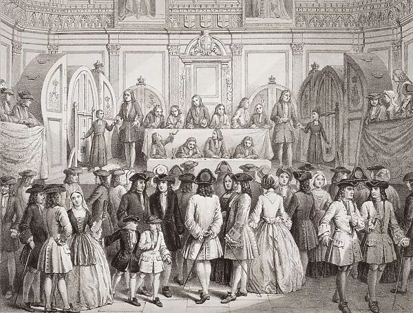 Drawing A Lottery In Guildhall London, 1739 Engraved By J. J. Crew From A Rare Contemporary Engraving. From The Book 'Illustrations Of English And Scottish History'Volume Ii