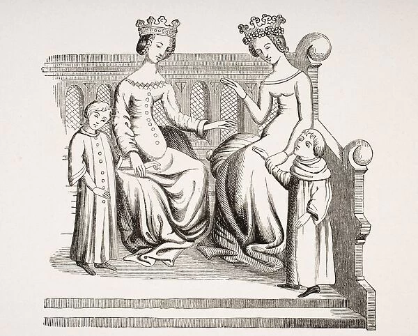 Dress Of Noble Ladies And Children In The 14Th Century. From Miniature In Merveilles Du Monde