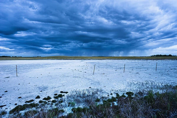 Dry Salt Lake And Clouds At Dusk Near Mortlach, Saskatchewan