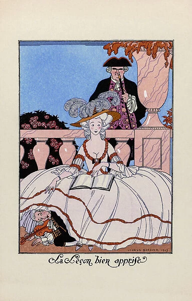 e Lecon bien apprise. The lesson well learned. Print from the magazine La Guirlande des Mois, published annually from 1917 - 1921. After a work by French illustrator George Barbier, 1882 - 1932