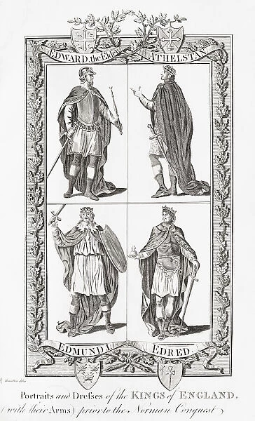 Four early English kings. Edward the Elder, Athelstan, Edmund I, Edred. Engraving from The New, Impartial and Complete History of England by Edward Barnard, published in London 1783