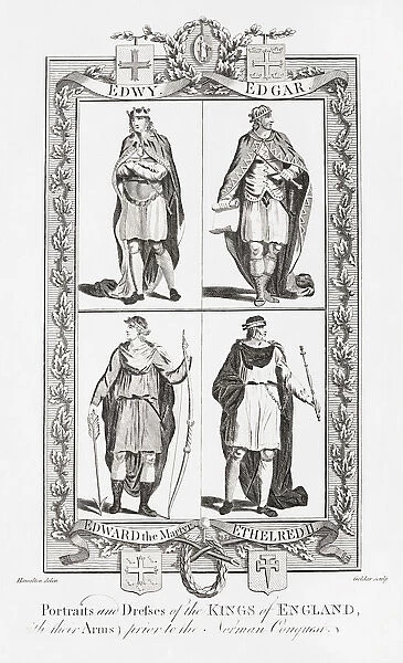 Four early English kings. Edwy, Edgar, Edward the Martyr, Ethelred II. Engraving from The New, Impartial and Complete History of England by Edward Barnard, published in London 1783