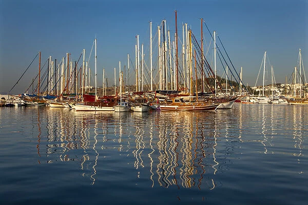 An early morning view of boats in the harbour, at Bodrum, Turkey