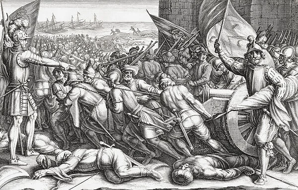 Embarkation of the troops of Ferdinando I de Medici after a victory over the Turks. Ferdinando I de Medici, 1549 - 1609 supported both Philip III of Spain and the Holy Roman Emperor Rudolf II in their campaigns against the Ottoman Empire. Early 17th century engraving after a painting by Matteo Rosselli