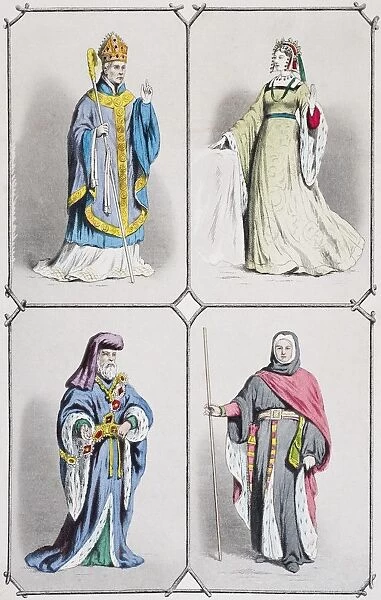 English Costumes Between 1392 And 1413. Bishop, Countess, Earl And Judge. From The National And Domestic History Of England By William Aubrey Published London Circa 1890