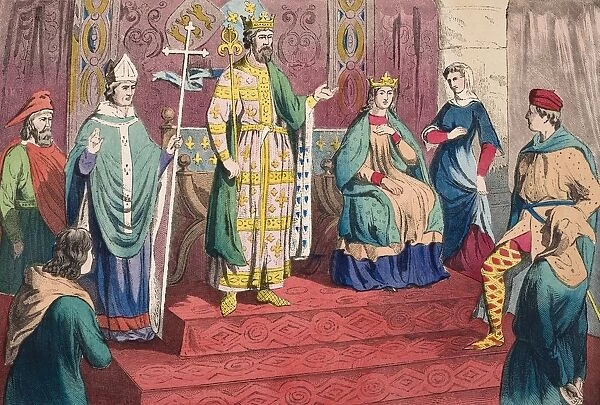 English Costumes Of The 13Th Century. From Left Gentleman, Physician, Bishop, King, Queen, Lady, Nobleman, Rustic, From The National And Domestic History Of England By William Aubrey Published London Circa 1890