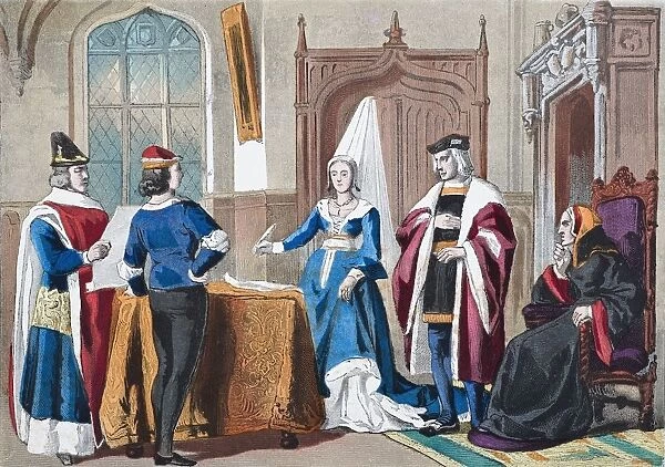 English Costumes From Late Fifteenth Century. From Left, Judge, Gentleman, Lady Of Rank, Courtier, Lady Of Quality. From The National And Domestic History Of England By William Aubrey Published London Circa 1890