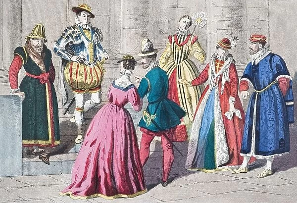English Costumes From The Mid 16Th Century. From Left, Nobleman, Soldier, Man And Woman Of The Middle Class, Two Noble Ladies, A London Merchant. From The National And Domestic History Of England By William Aubrey Published London Circa 1890
