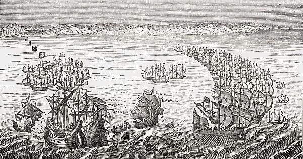 The English Fleet Commanded By Sir Francis Drake Attacking The Spanish Armada 1588 From Old Englands Worthies By Lord Brougham And Others Published London Circa 1880 s