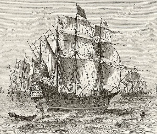 English War Vessel Harry Grace A Dieu Built In 1513. From The National And Domestic History Of England By William Aubrey Published London Circa 1890