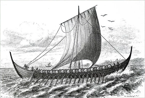 Engraving depicting a Norse  /  Viking ship typical of the 10th century