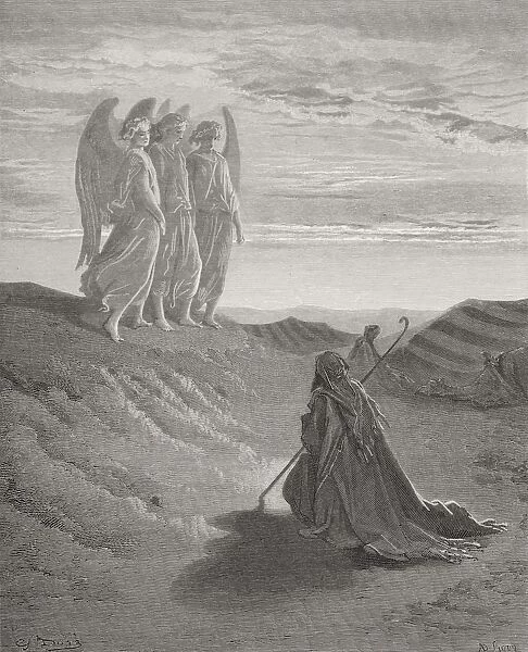 Engraving From The Dore Bible Illustrating Genesis Xviii 1 To 8 Abraham And The Three Angels By Gustave Dore 1832-1883 French Artist And Illustrator