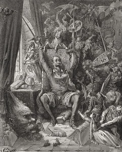 Engraving By Gustave Dore 1832-1883 French Artist And Illustrator Of Don Quixote Amongst His Books In His Library From Don Quixote By Miguel De Cervantes Saavedra